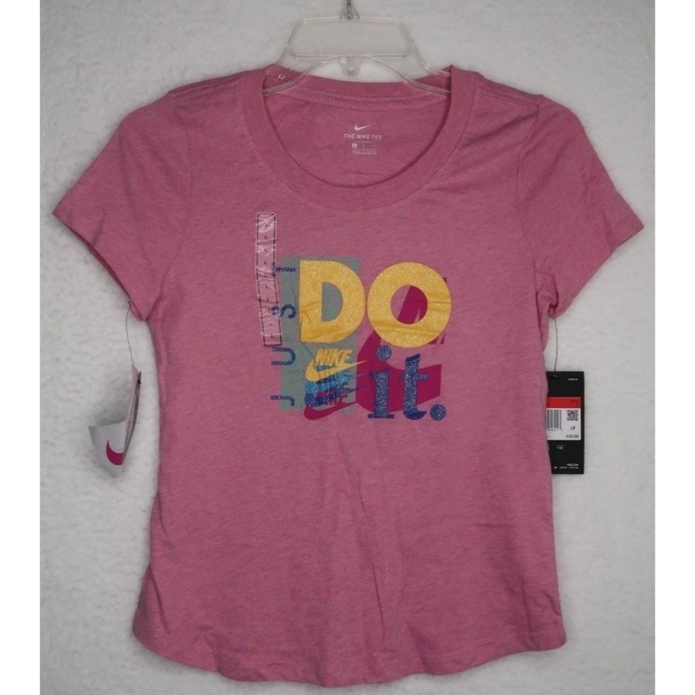 Nike Girls Pullover T-Shirt Pink Just Do It Scoop Neck 100% Cotton L Casual NWT